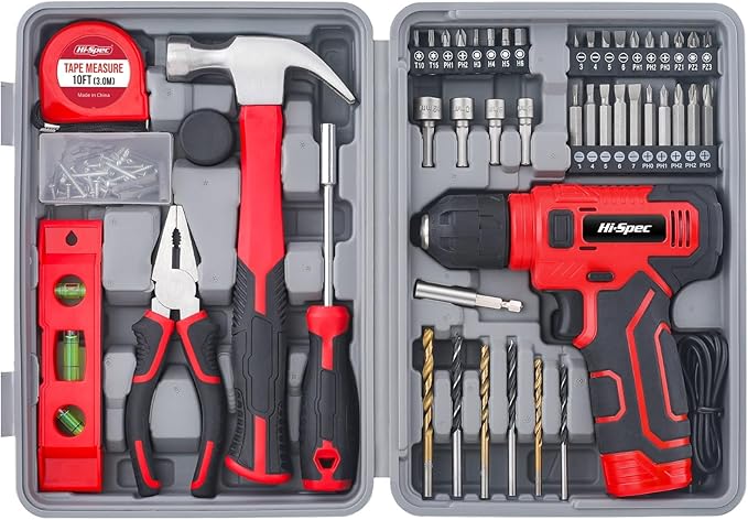 Hi-Spec 8V Cordless Drill Set and Starter Tool Kit for Home Projects, Red | Rechargeable USB, Repairs and Maintenance, DIY, faster holes and screwdriving, light-duty projects, home setup help