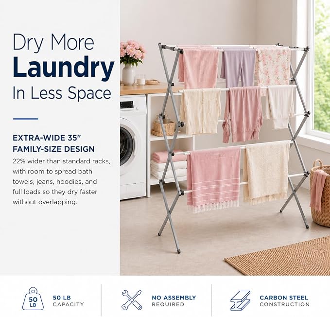 Honey-Can-Do Oversized Clothes Drying Rack, 35" Wide, 50 lb, Grey | Extra-wide 35" family-size rack holds 50lb of laundry. Rust-resistant steel folds flat; indoor or outdoor use. No Assembly
