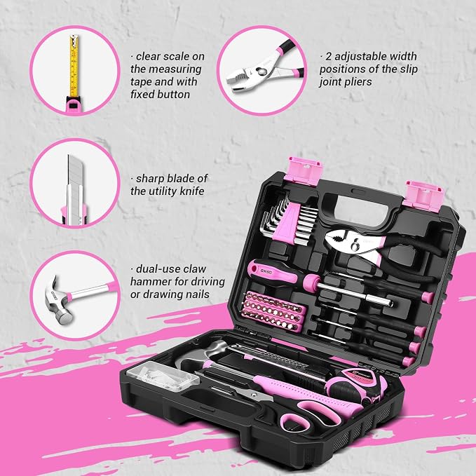 DEKOPRO 50 Piece General Household Hand Tool Kit with Plastic Toolbox Storage Case, All Purpose Home Tool Kit Includes Essential Tools for Office College Repairs - Pink