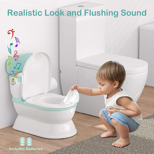 CheerTry 2-in-1 Toddler Potty Training Toilet - Larger Potty Chair & Detachable Training Seat for Boys & Girls Ages 1-3 with Flushing Sound, Wipes Storage, Toilet Paper Holder - Cyan