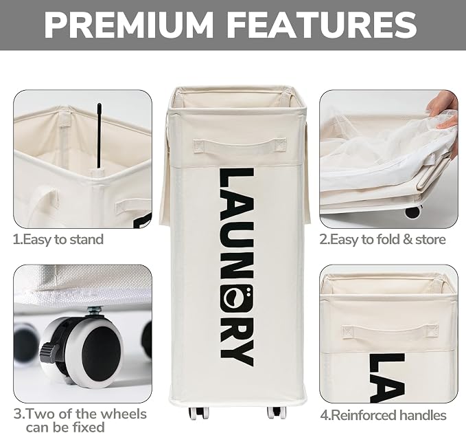Goodpick 2-Pack Hamper with Wheels & Wash Bag, College Dorm Essentials,75L | Clothes Hamper with Removable Wash Bag for Laundry Room, Large Rolling Laundry Basket with Handles, White