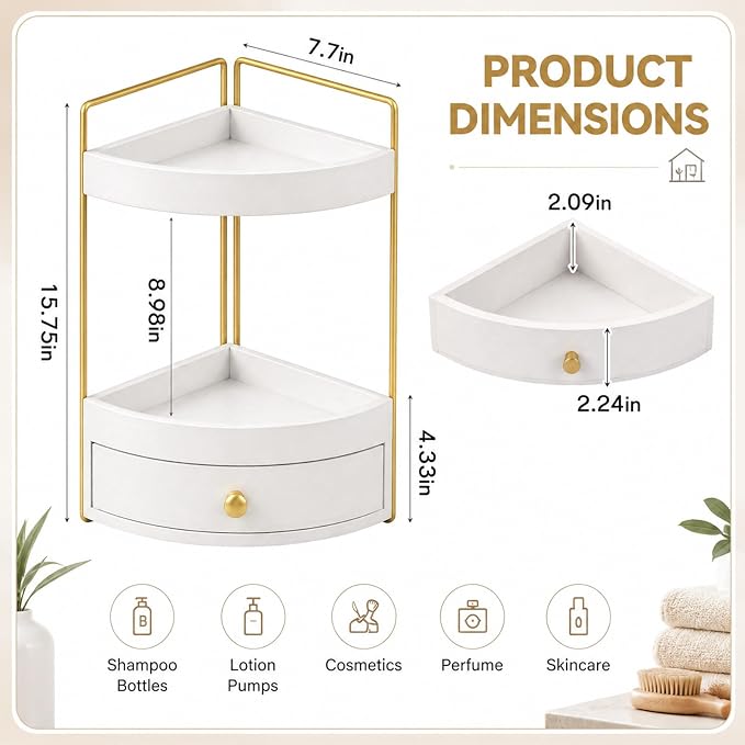 AceOrbit 2-Tier Corner Bathroom Counter Organizer with Drawer, Wood Vanity Countertop Shelf for Skincare, Makeup, Perfume and Toiletry Storage, Space-Saving Bathroom Sink Organizer, White and Gold