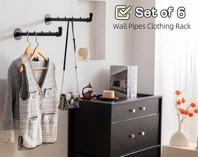 Industrial Wall Pipe Clothes Bar - Heavy Duty Metal Coat Hanger with Hook, Wall-Mounted Garment Holder Racks,Wall Clothing Racks/Hanging Rail, 6Pcs