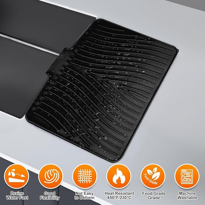 Silicone Dish Drying Mat for Kitchen counter, 15.8"x13" Extra Large Non-Slip Drain Pad with Built-in Drainage, Heat Resistant Dishwasher Safe, Black