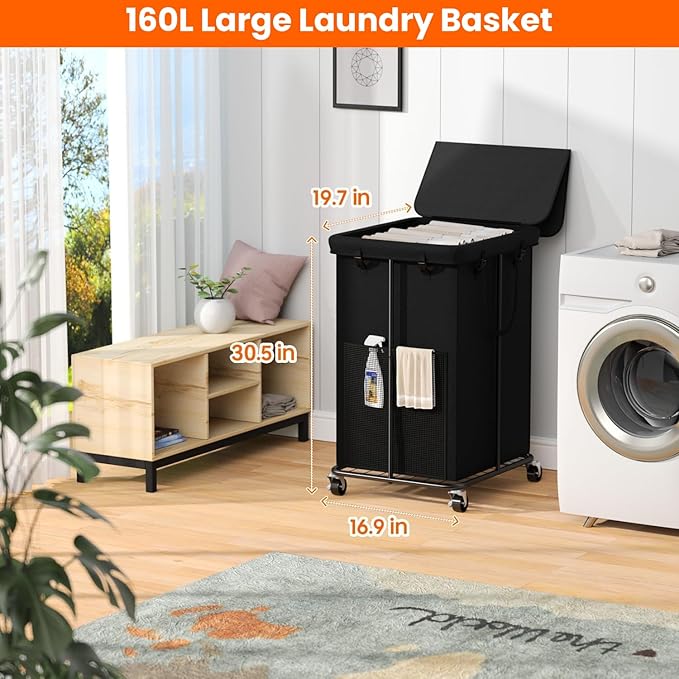 160L Laundry Hamper with Lid & Wheels, Rolling Laundry Basket with Bag | Sturdy Metal Frame | Laundry Bag with Handles| Large & Tall Clothes Hampers for Laundry Room, Bedroom, Dorm, Bathroom-Black