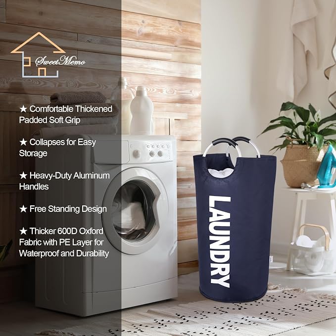 Large Laundry Basket, Laundry Hamper Bag with Handles, 95L Navy Blue | Freestanding Tall Dirty Clothes Hamper, Collapsible and Portable Laundry Bin for Dorms and Bedrooms, Thick, Sturdy Fabric