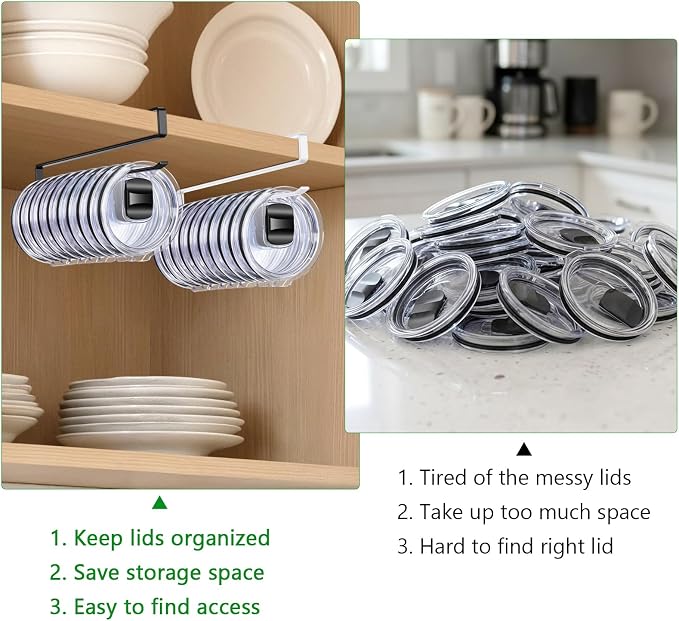 Cup Lid Organizer, Tumbler Lid Holder for 12 Lids Under Cabinet, Space Saving Hook for Kitchen Storage, No Drilling, Carbon Steel, White