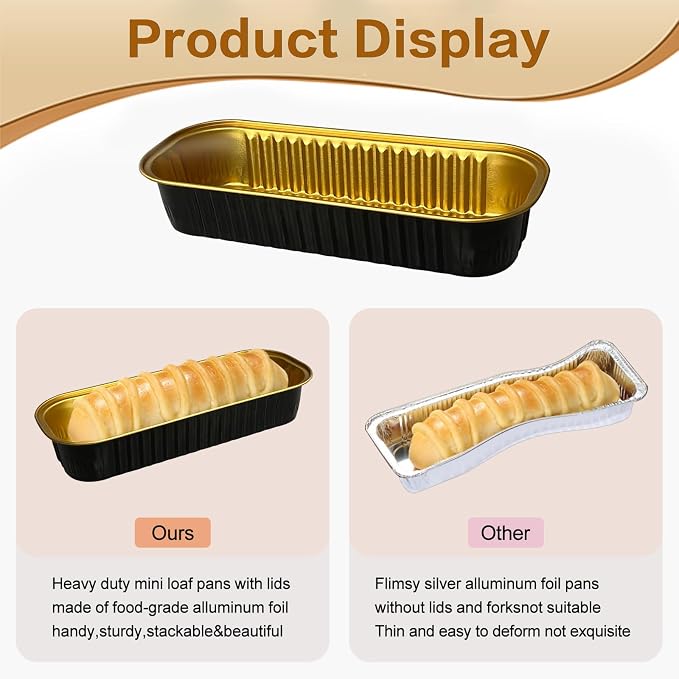 Mini Cake Pans With Lids And Spoons 50 Pack,6.8 oz Rectangle Mini individual Loaf Pans Disposable Aluminum Foil Small Baking Cups Tins (50, black)