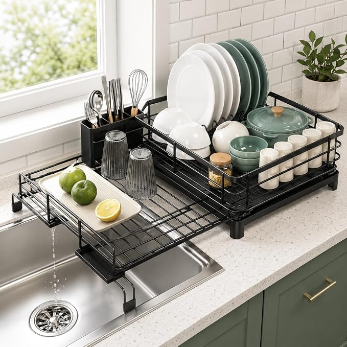 Premium Expandable Dish Drying Rack with Drainboard – 2-in-1 Large Capacity Countertop & Over-Sink Dish Rack, Rust-Resistant Metal
