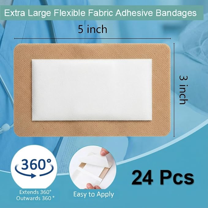 Geiserailie 24 Pcs Extra Large Flexible Adhesive Bandages 5 x 3 Inch Sterile Fabric Bandages with Non-Stick Pad Latex Free Painless Removal for Wound Care and First Aid(Rectangle)