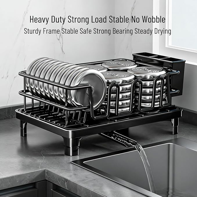 Large 2-Tier Expandable Dish Drying Rack, Heavy Duty Kitchen Countertop Dish Drainer Organizer with Utensil Holder, Extendable Space Saving Plate Storage Rack for Kitchen Sink Counter, Black