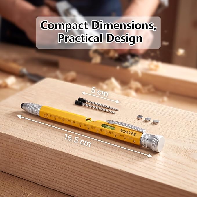 ROATEE Fathers Day for Men Multi Tool Pen 12 in 1 Cool Stuff Gadgets Gifts for Husband Birthday Personalized Gift for Dad Fidget Construction Pen with Small Screwdriver, Level, Ruler,Led Light,Yellow