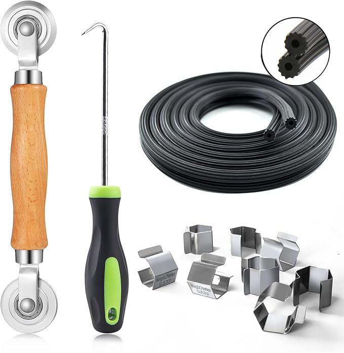 King&Charles Screen Repair Kit, 4-in-1 Screen Tool for Window Mesh Repair | Bearing Steel Roller+0.14inx32ft Spline+8Clips+Remove Hook+for Window Mesh, Patio and RV Mesh Replacement