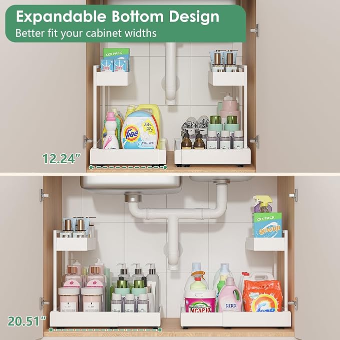 REALINN Expandable Under Sink Organizer with 6-Level Height Adjustment & Expandable Width, Pull-Out Cabinet Storage Rack with Quiet Sliding Rails for Kitchen, Bathroom, Laundry Room Cabinets, White