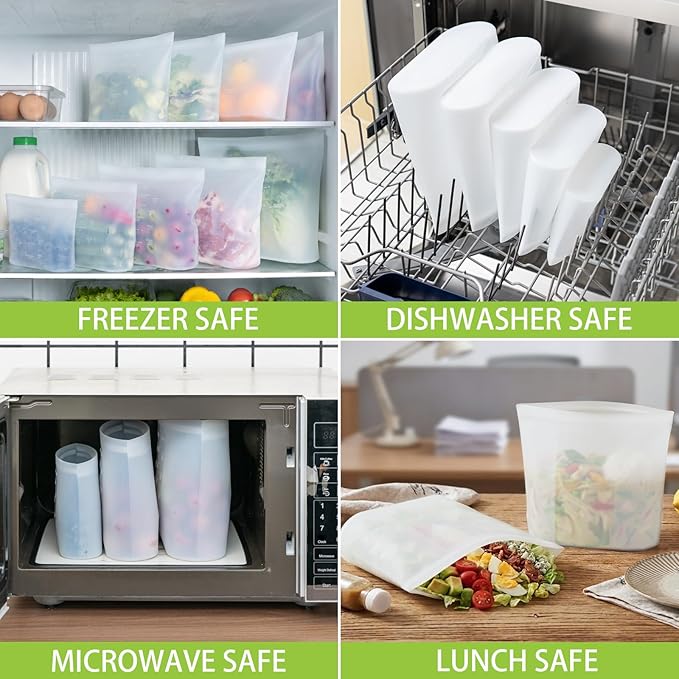 100% Silicone Reusable Storage Bag Quart Size, 6 Pack Stand-Up Wide-Mouth Zip-Lock Food Storage Bags, Easy-Fill Easy-Open Easy-Clean Space-Saving, Microwave & Dishwasher Safe, 34oz, Translucent