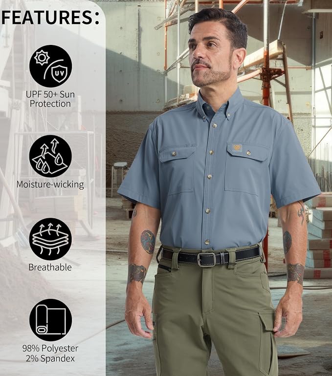 Mens Regular Fit Work Utility Shirt Midweight Short Sleeve Work Wear | Midweight stretch work shirt with reflective trim, 2 secure chest pockets, moisture-wicking comfort, easy-care fabric
