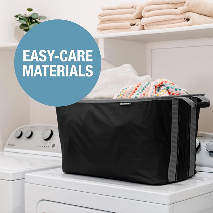 CleverMade Collapsible Laundry Basket, 60L, 2 Pack, Black | Each basket supports 55 lb and stays upright while loading, then folds to 1.25 inches for closets, dorms, and RVs.