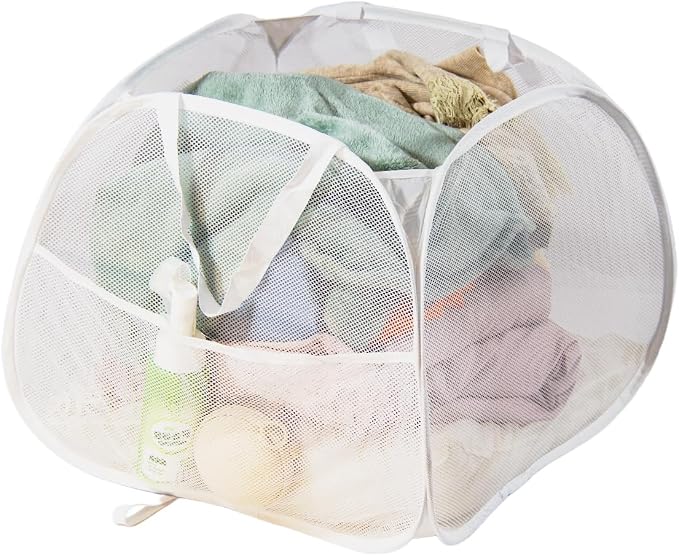 Collapsible Laundry Basket 90L, Mesh Pop-up Hamper, White | Foldable Laundry Basket, Side Storage Pocket, Handles, Dirty Clothes Hamper for Bedroom, Bathroom, Dorm, Travel, Camping