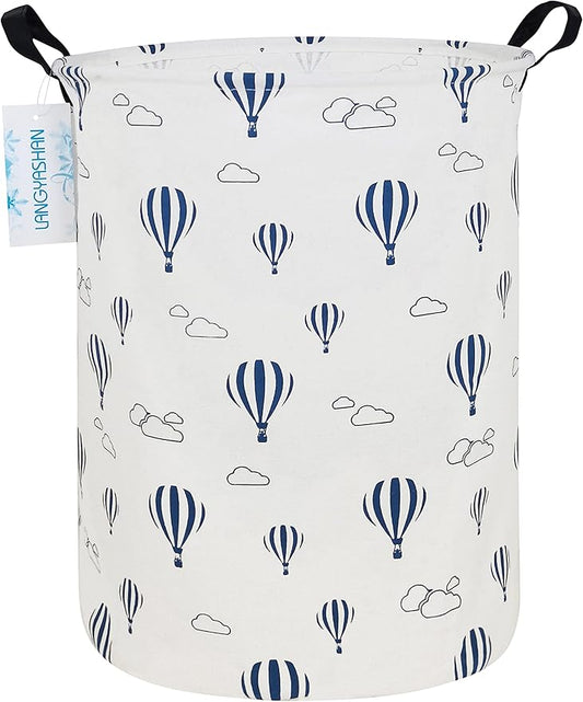 Round Laundry Basket Collapsible Storage Hamper Blue Balloon | Waterproof Canvas Foldable Baskets with sturdy Handles Multi-scene Organizer for Home Play Bedroom Gift Bin