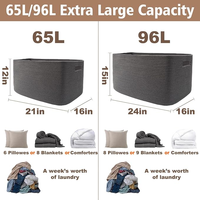 JMvicyroam 96L Large Woven Cotton Rope Blanket Basket, Grey | Blanket storage for living room or bedroom use, Freestanding with reinforced handles, Entire basket is machine washable