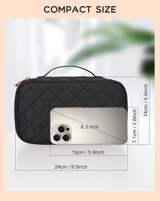 Relavel Small Makeup Bag, Travel Makeup Bag, Cosmetic Bag for Women, 2 Layer Makeup Organizer, Black Make Up Pouch Waterproof, Makeup Brush Holder, Durable Zipper (Black)