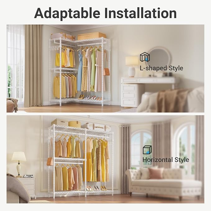 VIPEK L4 Clothes Rack L Shaped Garment Rack for Corner, 810lbs Heavy Duty Portable Closet Metal Clothing Rack, Adjustable Shelving/Sturdy Hanging Rods/Side Hooks, White