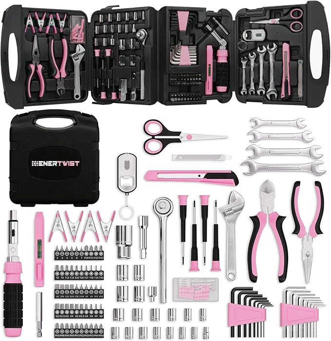 ENERTWIST Pink Tool Kit for Women, 189-Piece Premium Household Hand Tool Set with Lightweight Portable Box, Perfect for Home DIY Repair, Furniture Assembly, Ideal Gift for Women & Housewarming