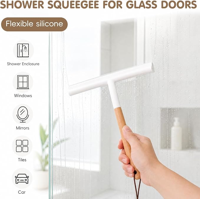 NUOBESTY Shower Squeegee for Glass Doors, Wood Handle White Silicone Wiper | 10" Streak-Free Blade with an Aesthetic Natural Grip. Includes Suction Cup & Over-Door Hook for Bathroom Mirrors & Tiles