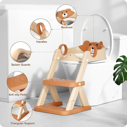 Potty Training Seat, Upgrade Toddler Toilet Seat for Kids Boys Girls, 2 in 1 Potty Training Toilet, Splash Guard Anti-Slip Pad Step Stool(Brown)