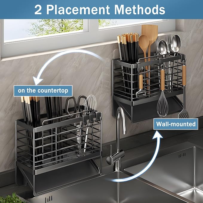 Utensil Holder, Stainless Steel Utensil Drying Rack with Plastic Automatic Drain Tray for Kitchen Counter, Compact Silverware Cutlery Drainer Basket for Spoons, Forks, Knifes, Chopsticks Organizer