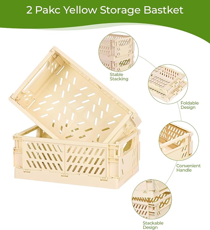 HUUSMOT 2-Pack Collapsible Plastic Storage Baskets, Yellow, 9.8"x6.5"x3.8" | Pastel, Space-Saving, Collapsible Plastic Bins, Cute Mini Storage Crates, for Classroom, Kitchen, Office, Bedroom