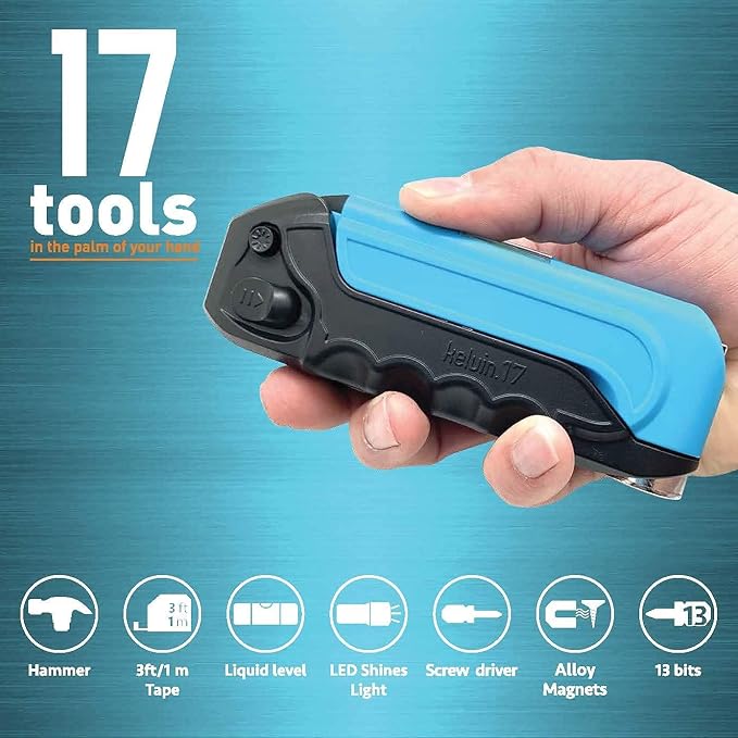 Kelvin Tools - Kelvin 17 Urban Screwdriver Set, All in One Everyday Multitool Screwdriver, Multi-Tip, Compact & Universal Precision, 13 Bit Set with Tape Measure, Liquid Level, Hammer and Flashlight