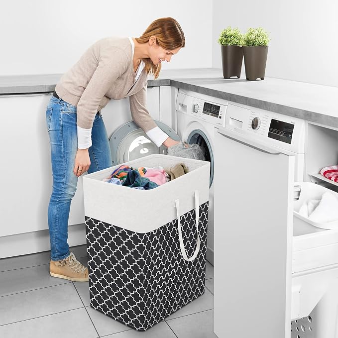 StorageRight Laundry Basket Hamper, 100L Clothes Storage, Clover Black | Freestanding Clothes Hampers, Foldable design, with Easy Carry Handles, For Laundry, Bedroom, Dorm, Clothing, Towels, Toys