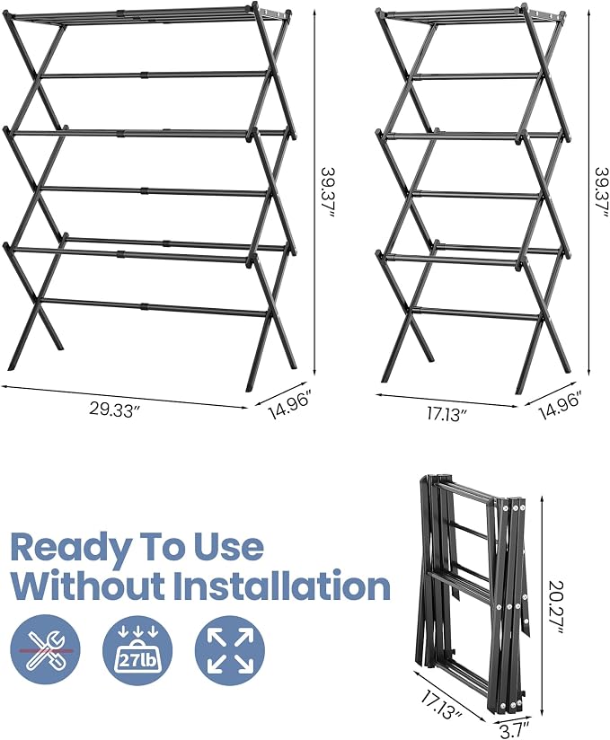 APEXCHASER Oversize 3-Tier Clothes Drying Rack, No Install, Black | Expandable Design, Non-slip feet, Tool-free Setup, Rust Prevention, Sturdy Construction, 14.9" D x 29.3" W, Holds 24lbs