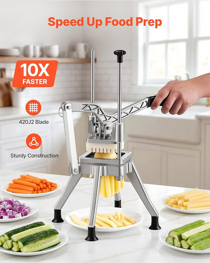 VEVOR French Fry Cutter, 3/8" Blade Commercial Vegetable Chopper, Lever-Action Vegetable Dicer with Ergonomic Handle, Stainless Steel Potato Slicer for Classic Cut Fries, Onion, Carrots, Bell Pepper
