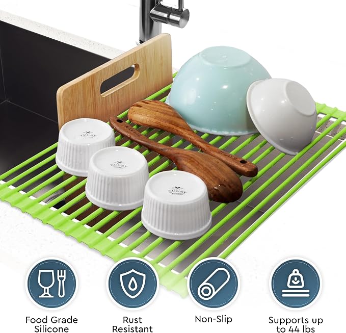Zulay Kitchen Large Roll Up Dish Drying Rack - Heavy Duty Silicone Wrapped Steel Rods Over Sink Dish Drying Rack - Versatile Roll Up Sink Drying Rack & Trivet - Green,20.5 inches x 13 inches