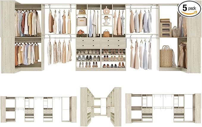 Besiost Closet System with 4 Drawers & Corner Tower, Closet Organizer System with 10 Hanging Robs, Reversible U Shaped Walk-in Closet System, Load 3600+LBS Capacity, Set of 4, Greige Oak
