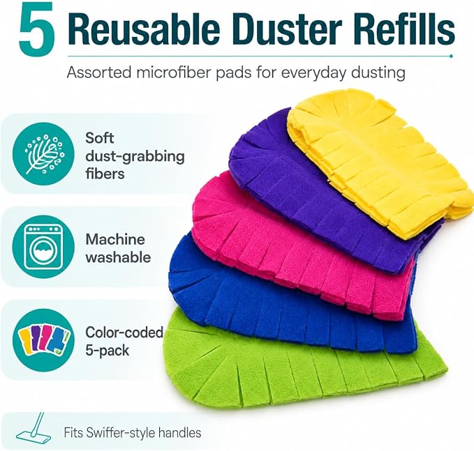 5 Pack Reusable dusters for swiffer,Reusable swiffer dusters Washable,Washable Dusting Cloths,Compatible with Handles for Home,Car, Pet, Furniture, Fans, Blinds