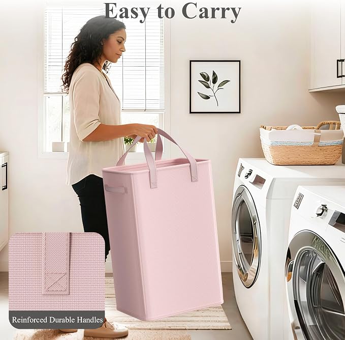 Optish 90L Pink Slim Laundry Hamper, Large Laundry Basket with Handles, Baby Hamper for Nursery, Dorm, Bedroom, Living Room, Collapsible Laundry Basket