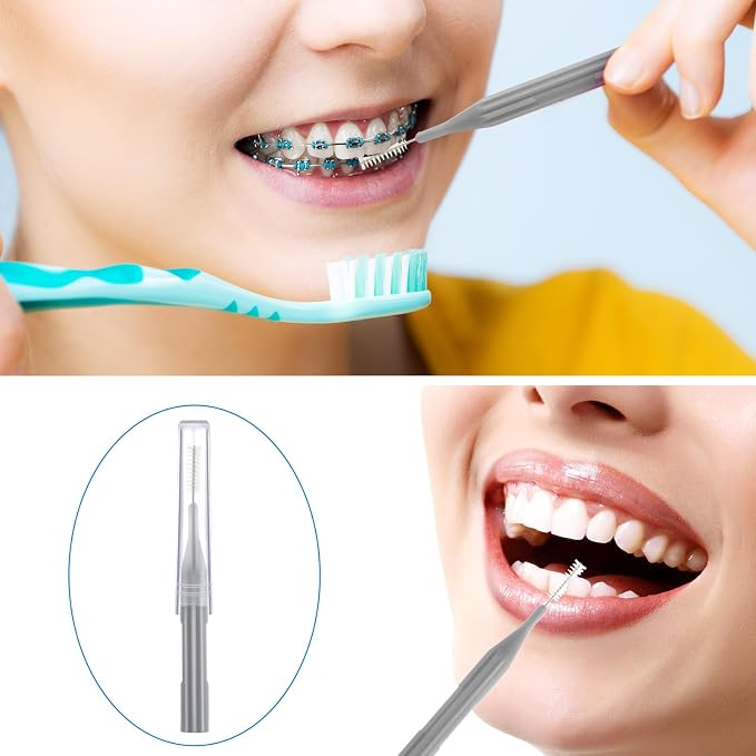 Patelai 100 Count Interdental Brush Set, Soft Braces Cleaner Picks with Cap, Multi Size Teeth Gap Cleaning Tool for Orthodontic Care Bridge Implant Travel Kit(Gray)