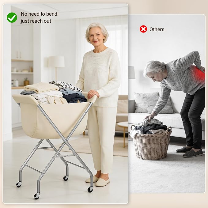 ELYKEN Laundry Basket with Wheels, Collapsible Laundry Hamper, Cream | Removable Liner Bag, Foldable Design, Sturdy Metal Frame, 4 Casters, 32”H Laundry Cart for Bedroom, Bathroom & Laundry Room