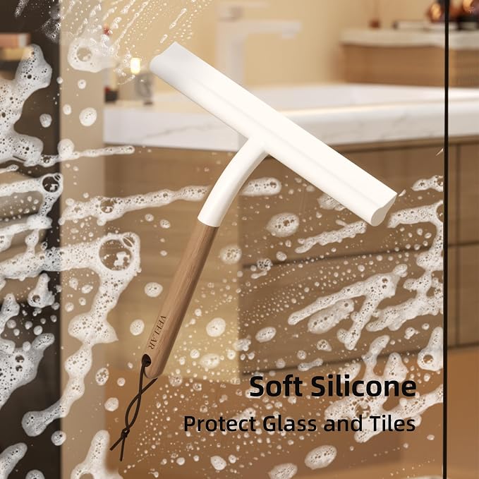 Shower Squeegee for Shower Glass, Bathroom Glass Cleaning Tool with Hook Mount, Squeegee for Glass Doors, Window Cleaning, Tile Shower Walls (White+Wood)
