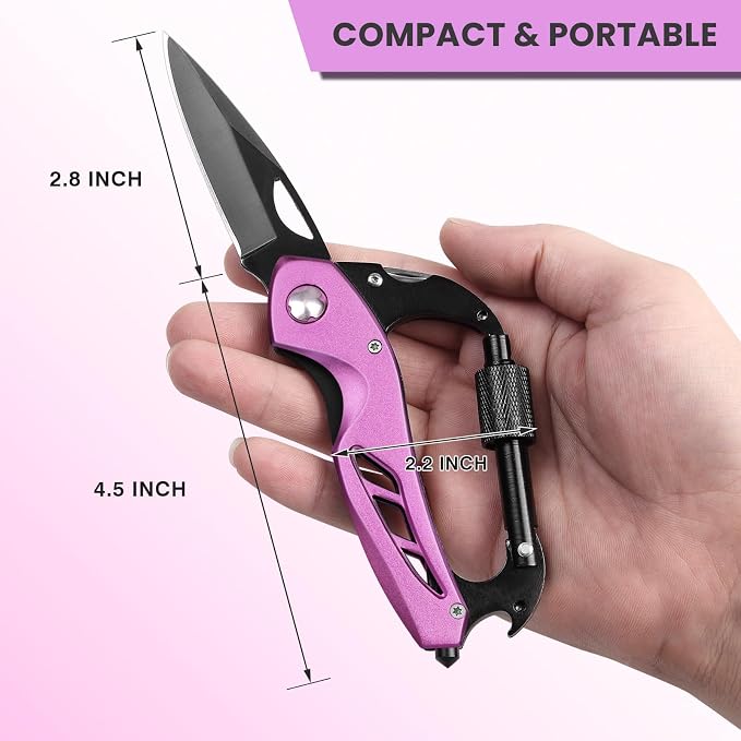 FUNBRO Pink Multitool Carabiner, Bottle Opener and Screwdriver | Stocking Stuffers Gifts for Mom Women Wife, 6-in-1 Keychain Multi Tools with Window Breaker