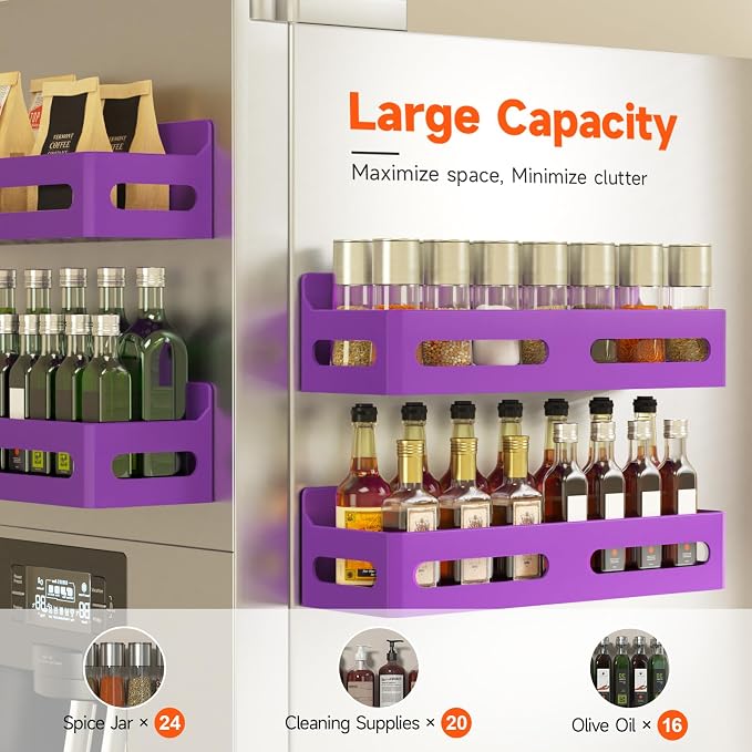 Sevenblue 4-Pack Magnetic Spice Rack for Refrigerator with Hooks, Purple | Strong multipurpose magnetic shelf for kitchen & bathroom organization. Includes 4 removable hooks for hanging items.