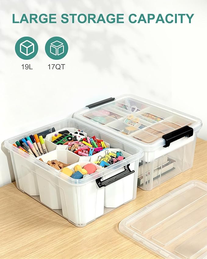 EOENVIVS Clear Storage Tote with 6 Tall Inserts, Stackable craft organizers and storage Box, Plastic Storage Bins with Lids and Handles for Crafts, Jewelry & Sewing, Art Supplies, Markers, Pens