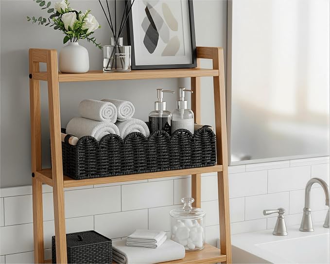 CubesLand Bathroom Basket Organizer, Toilet Tank Paper Storage Baskets 2PK | Scalloped Decorative Basket for Countertop w/Handle, Wicker Basket for Bathroom Decor, Home Decor, Living Room, Black