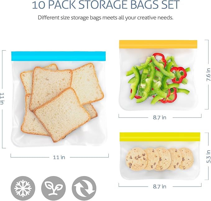 10 Pack Reusable Gallon Freezer Bags, Multicolor | Dishwasher Safe Silicone Food Snack Storage Bags with 3 Sizes for Snack, Sandwich, Lunch