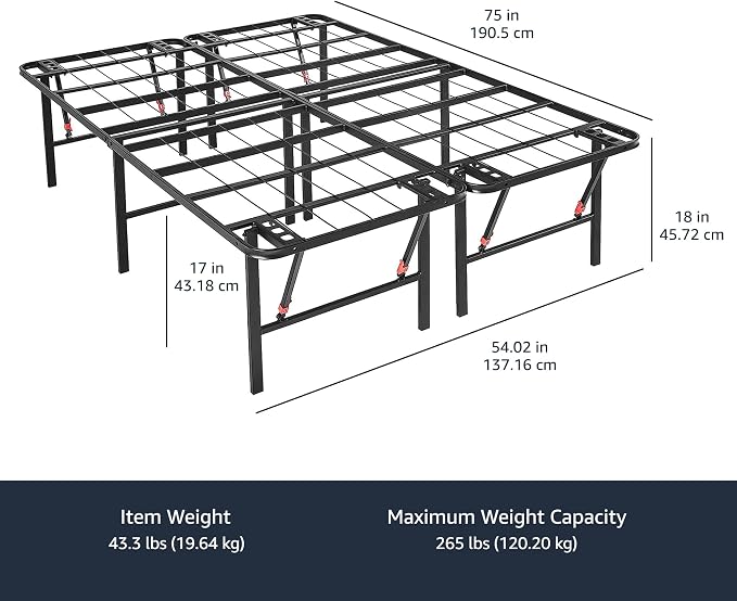 Amazon Basics Bed Frame with Storage, Foldable Metal Platform, Sturdy Steel, No Box Spring Needed, 18 inches High, Tool-Free Setup, Full Size, Black