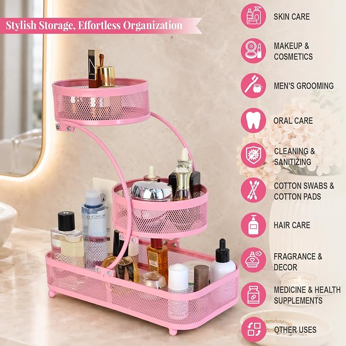 3 Tier Bathroom Counter Organizer-Perfume Organizer | Makeup Organizer For Vanity, Metal Shelf Organizer With Water-Resistant Open Design And Strong Load Capacity, Pink