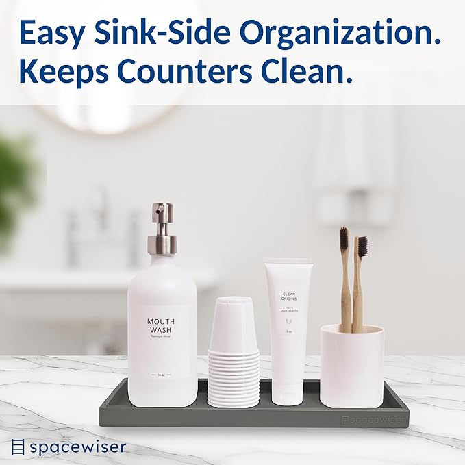 Spacewiser Countertop and Vanity Tray - 11.7" Silicone Bathroom Counter Tray, Dish Soap Trays for Kitchen Counter, Sink Organizer Caddy Accessories, Drawer Toilet Plant Shower Makeup Mat Oil Holder